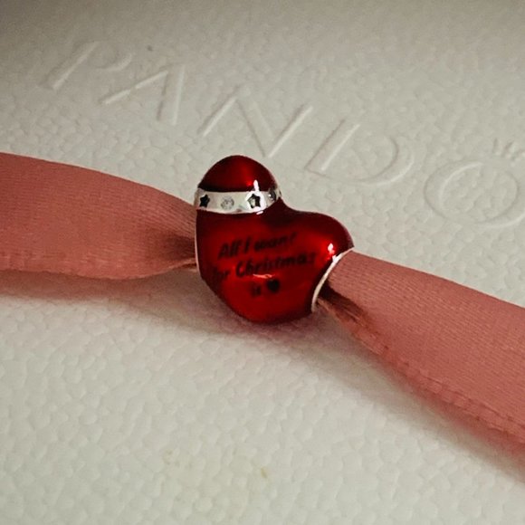 Pandora Metallic Red Christmas Heart Charm All want for Christmas Heart Pendant - Picture 7 of 7